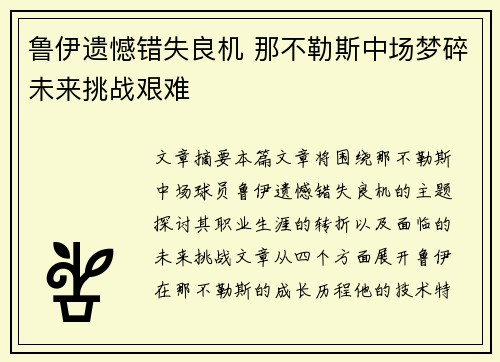 鲁伊遗憾错失良机 那不勒斯中场梦碎未来挑战艰难
