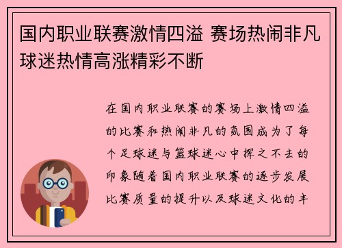 国内职业联赛激情四溢 赛场热闹非凡球迷热情高涨精彩不断